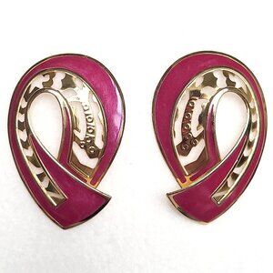 Signed Berebi Enamel Earrings Pink Purple Gold Tone Pierced Statement Ribbon 80s
